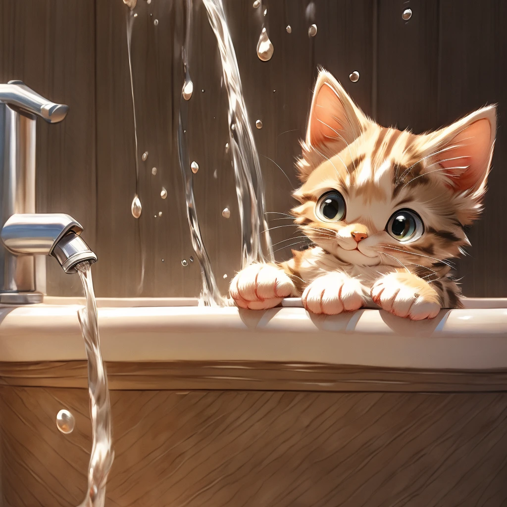 Brown tabby kitten、Drinking water falling from the tap