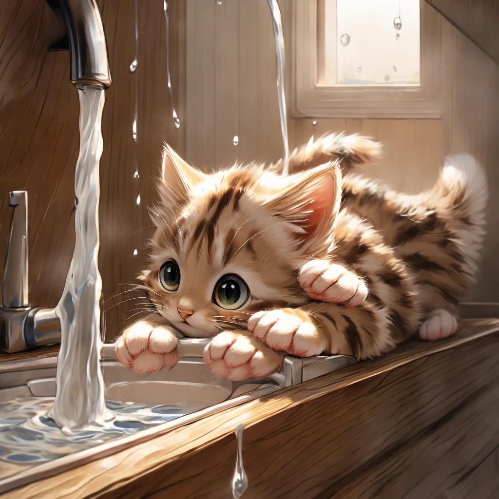 Brown tabby kitten、Drinking water falling from the tap