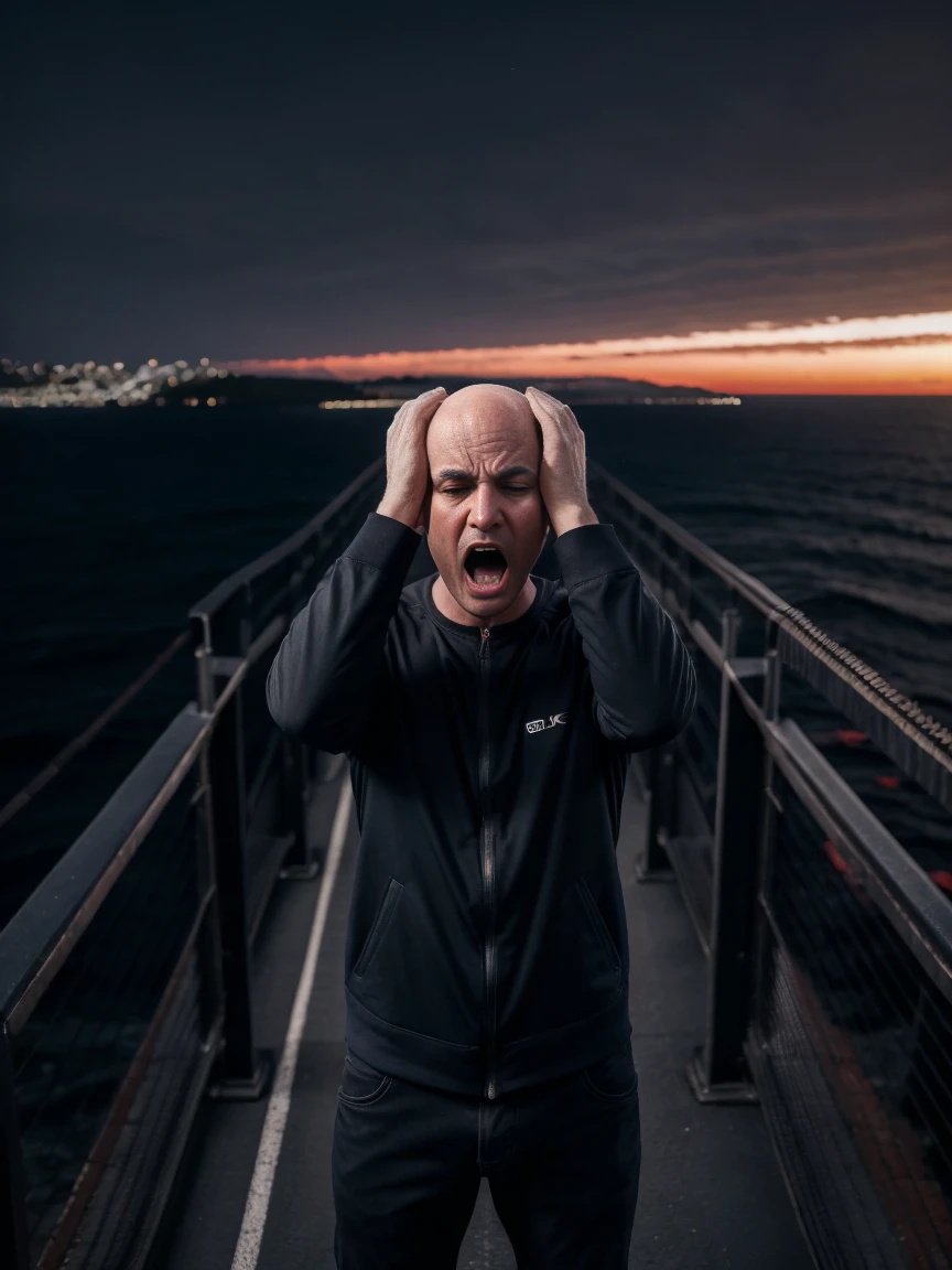 (8K, photo, ultra realistic photo), 1 man, bald, dressed all in black, (both hands covering ears:1.5), (screaming:1.5), terrified, on a bridge over the sea, in-depth view of the bridge, under a blood-red sky. background: two shadows in the distance, staggering against the railing of a bridge, bridge overlooking the sea roiling as if in spasm, dark blue mountains contrasting with the fiery red sky