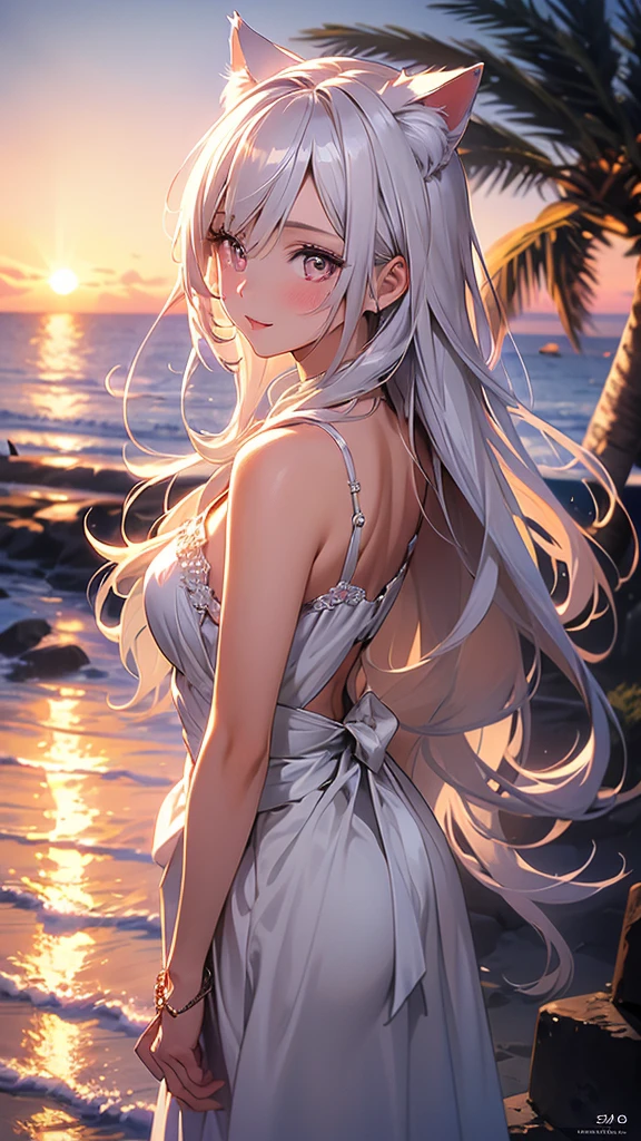 a highly detailed portrait of a pretty girl with medium breasts, a beautiful silver hair, pink eyes, and cat ears, smiling against a sunset beach landscape with an orange, pink, and yellow sky, palm trees swaying, seagulls flying, and a crystal clear sea gently kissing the white sand shore, creating a dynamic and breathtaking yet peaceful atmosphere,beautiful detailed eyes,beautiful detailed lips,extremely detailed eyes and face,longeyelashes,1girl,oil painting,illustration,photography,intricate details,vibrant colors,warm lighting,cinematic,dramatic,serene,calming