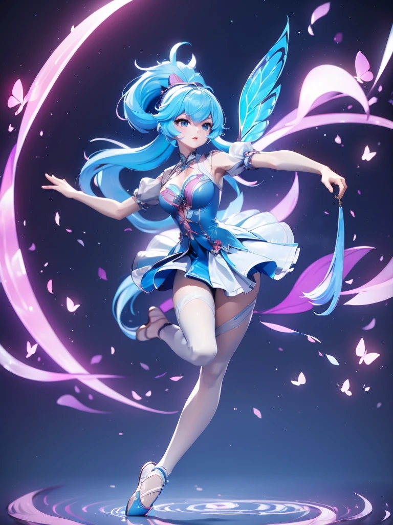 Seizo Watase style, Simple Line Initialism,Abstract art, 3d character, colorful hearts ,(((The most beautiful girl of all time))), (full body 1.2), only girl, long hair, bufferfly and sky background, 25 year old, full body, (((8k))), (((3d)), blue and pink hair, Large butterfly wings on the back, moon, ballet dance