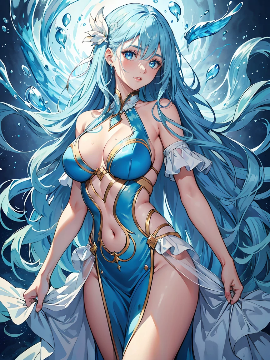 handsome girl，blue-eyes，blue pupils，Long blue hair，Hyperresolution，accuracy，Detailed rendering，（Subtle facial image）（Image of fine hair）（topquality）（Masterpieces of masters）（High degree of completeness）（A sense of atmosphere）tmasterpiece，Super detailed and super detailed（half-body portrait), long wavy blue hair, merfolk, (((larger breasts))), in water, long sexy dress, (((water outfit)))