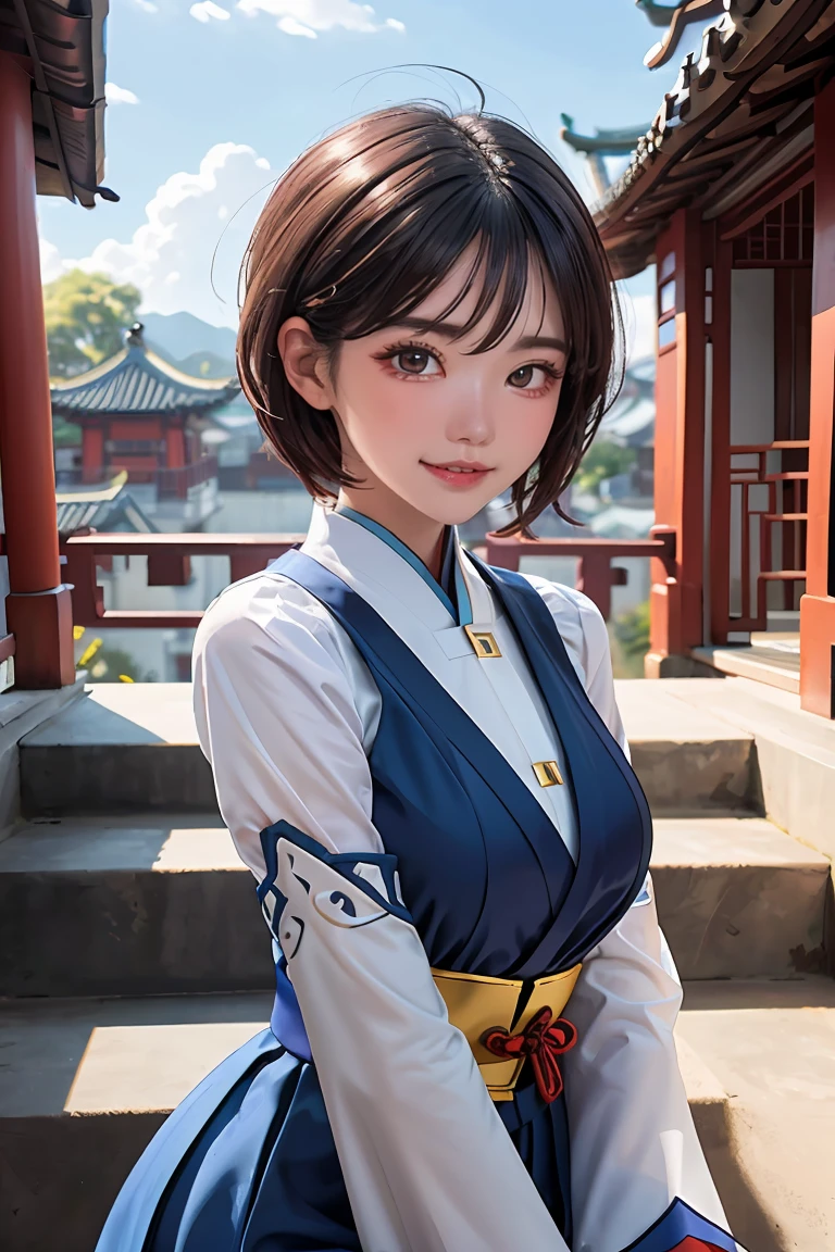 ganyudef, upper body, smile, blush, outdoors, day, simple background, blue sky, short hair, sky, chinese traditional house, looking at viewer, stairs, liyue, moody lighting,
