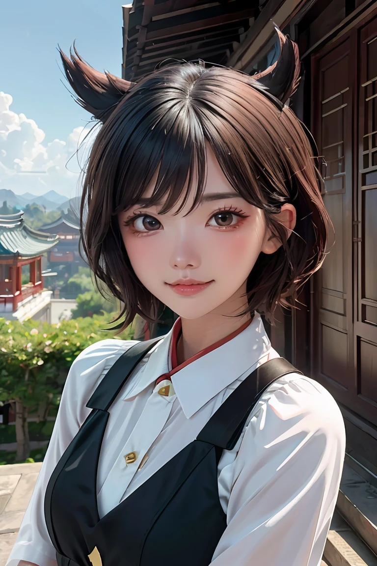 ganyudef, upper body, smile, blush, outdoors, day, simple background, blue sky, short hair, sky, chinese traditional house, looking at viewer, stairs, liyue, moody lighting,