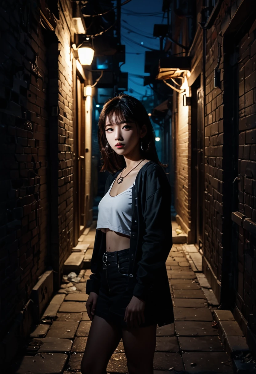 Fraction_9,Fraction_8_Direction_7_up,Every detail is exquisite,Korean,Korean pop music,
portrait,(shadow:1.4),night,Dark Alley,O-rings,