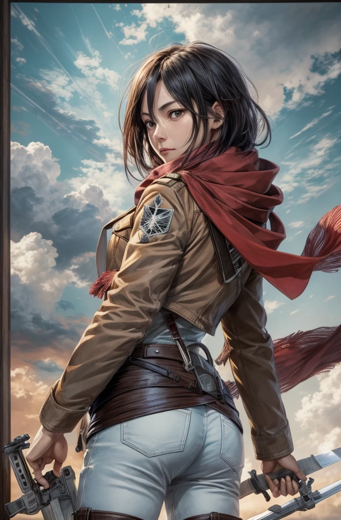 mikasa, Masterpiece, best quality, A high resolution, shorth hair, black eyes, scarf, emblem, belt, Thigh band, roter scarf, White pants, brown jacket, long sleeve, holding weapon, Sword, Ambidexterity, Three-dimensional electric transmission, Arms outstretched, To stand on one leg, Long shot, heaven, Extremely high quality, high resolution.facing away from the audience，look back，