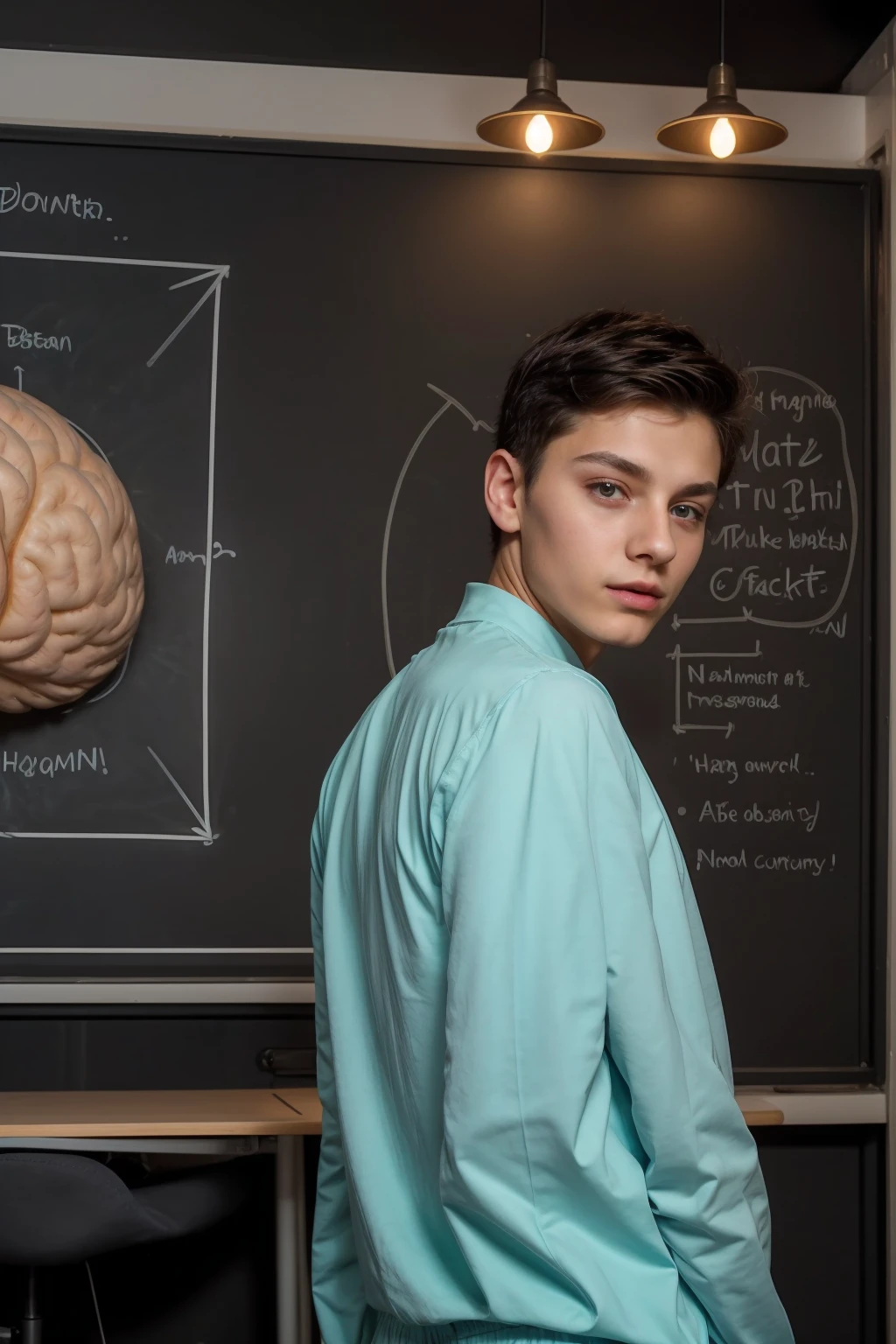 Beautiful young twink with a face with red makeup. He has black hair. He is wearing a white long-sleeved shirt and aqua blue pants. He is in his scientific office, and behind him is a blackboard on which the shape of the brain and its anatomy are written in precision and detail. He looks proudly