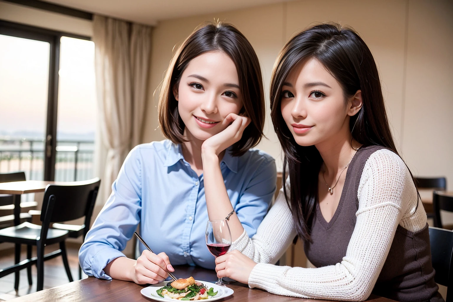 ((Highest quality、8K、masterpiece:1.3))、1 male 1 female、Beautiful lovers、Slim Beauty、Beautiful couple、smile、full-course dinner、 (Slim face), (the body is スリム), (Brown Hair), (Shortcuts), ((Bob Hale、Straight hair:1.2)), テーブルの上のwine glass、Put the light on your face、 Amazing view of the sunset sky and clouds、smileの美しさ、Bright image、Blushing, Shortcuts, (43 years old), 39 years old, Appetizers、Italian food、Wine bottle、Champagne、sparkling wine、Long sleeve shirt、dress、Attractive beauty、restaurant, Nova Frog Style, actress, model, Upper Body, White wine, red wine, wine glass, 