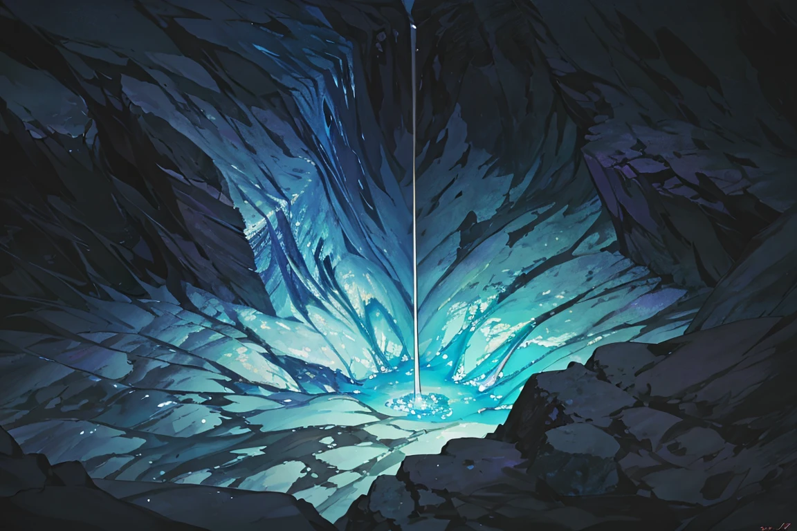 summer, blue lava rock area, blue lava rock formation, (illustration : 1.0), Narrative composition, realistic lighting, HD detail, masterpiece, best quality best, (Highly detailed CG integrated 8k wallpaper), wide and flat rocky area, A small, sharp, rough rock at the top of the screen., Blue liquid flowing through a crevice in the rock,