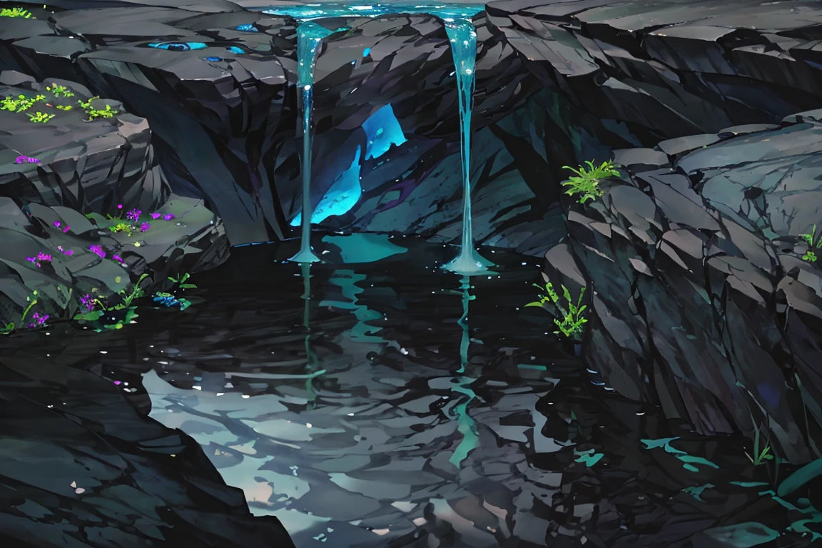 summer, blue lava rock area, blue lava rock formation, (illustration : 1.0), Narrative composition, realistic lighting, HD detail, masterpiece, best quality best, (Highly detailed CG integrated 8k wallpaper), wide and flat rocky area, A small, sharp, rough rock at the top of the screen., Blue liquid flowing through a crevice in the rock,