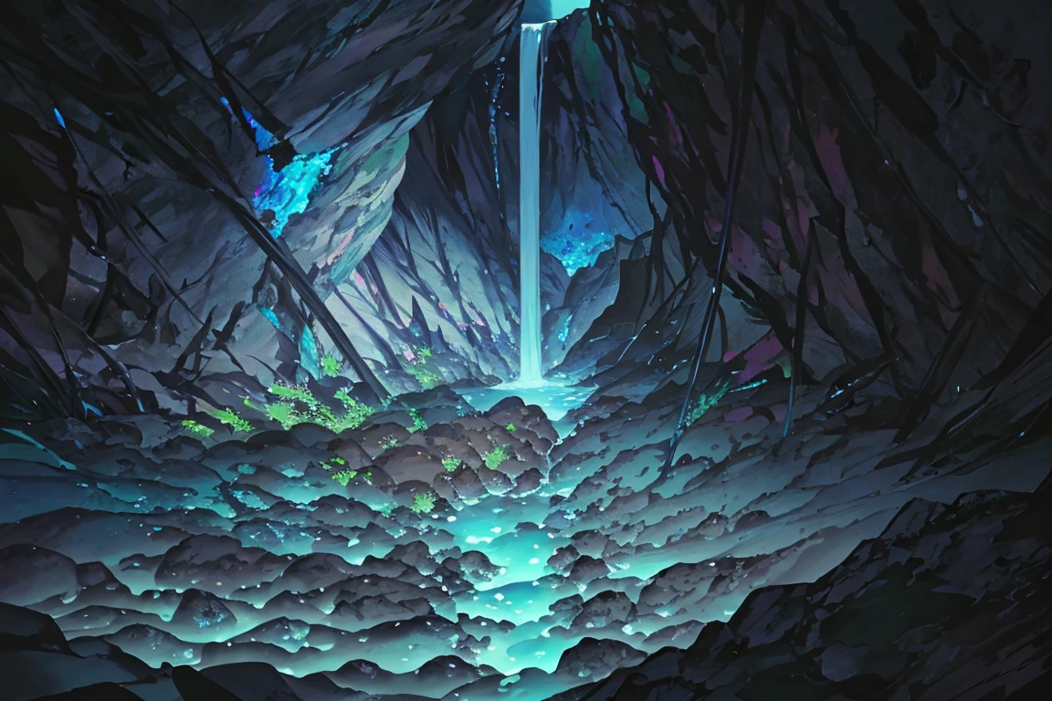 summer, blue lava rock area, blue lava rock formation, (illustration : 1.0), Narrative composition, realistic lighting, HD detail, masterpiece, best quality best, (Highly detailed CG integrated 8k wallpaper), wide and flat rocky area, A small, sharp, rough rock at the top of the screen., Blue liquid flowing through a crevice in the rock,