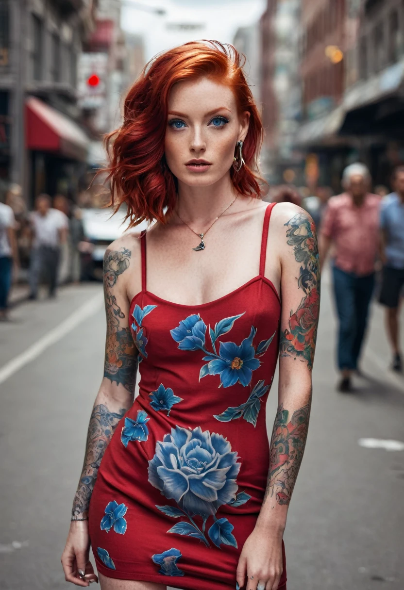 redhead model with tattoos wearing a short red dress with blue eyes on a busy street realist