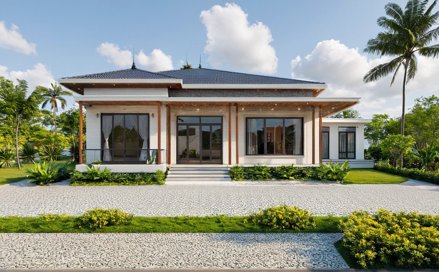 Photo brute,head of&#39;artwork, High quality, best quality, authentique, great detail,
Outside, En plein air, house, Nhamainhat, aiaigroup sur le jardin tropical, Ligne minimaliste,villa de plain-pied, style moderne, gray tile roof brick yard,grass,tropical trees, sky, (jour:1.1),Arrière-plan du jardin tropical
