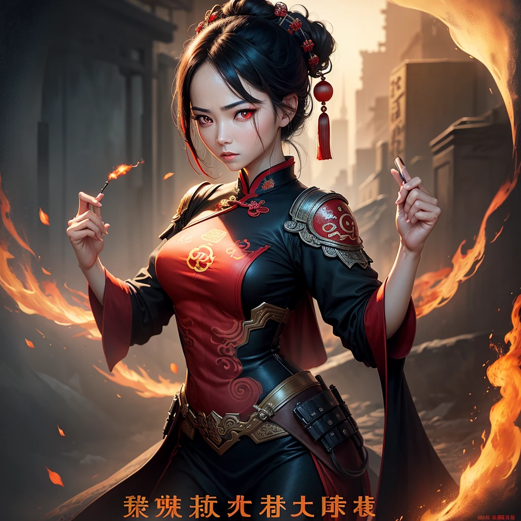 (best quality, movie poster style), a beautiful woman with (one red eye:1.2),(meaningful chinese script writing:1.1), combining the elements perfectly together.