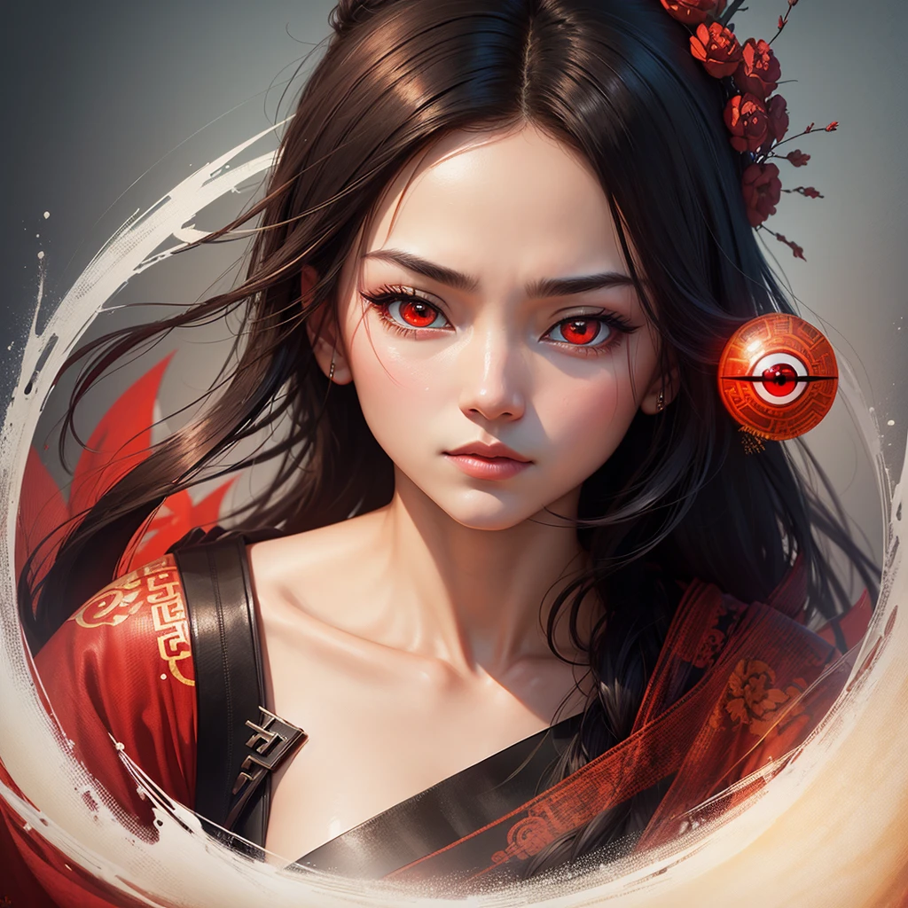 (best quality, movie poster style), a beautiful woman with (one red eye:1.2),(meaningful chinese script writing:1.1), combining the elements perfectly together.
