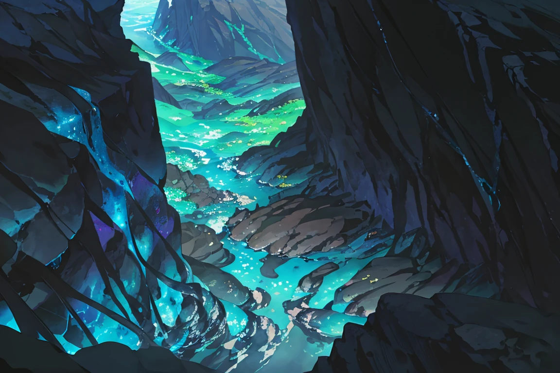 summer, blue lava rock area, blue lava rock formation, (illustration : 1.0), Narrative composition, realistic lighting, HD detail, masterpiece, best quality best, (Highly detailed CG integrated 8k wallpaper), wide and flat rocky area, A small, sharp, rough rock at the top of the screen., Blue liquid flowing through a crevice in the rock,