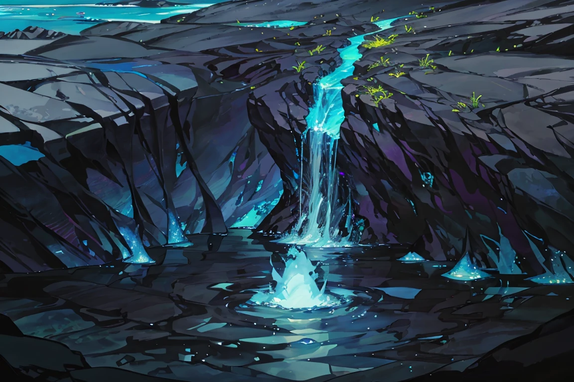 summer, blue lava rock area, blue lava rock formation, (illustration : 1.0), Narrative composition, realistic lighting, HD detail, masterpiece, best quality best, (Highly detailed CG integrated 8k wallpaper), wide and flat rocky area, A small, sharp, rough rock at the top of the screen., Blue liquid flowing through a crevice in the rock,