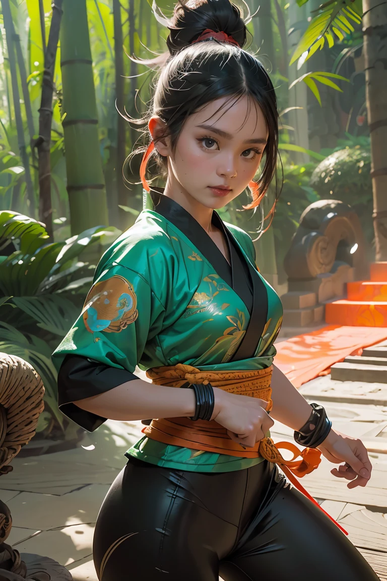 bamboo forest background，A look of determination，colorful vivid octane render, cybernetic and highly detailed, loba andrade from apex legends, created in unreal engine 5, made in unreal engine 5, trending on unreal engine 5, Antique portraits, Martial arts fantasy style 8k octane rendering, rendered in unreal 5, rendered in high octane