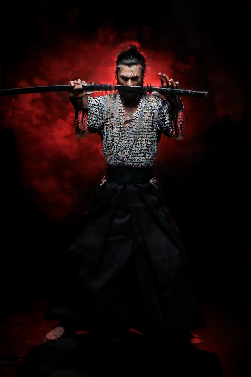 Samurai male, hyperrealism, very detailed skin, 4k, inkpunk style, great lighting, cyberpunk style,, katana illustration, concept art, full body shot, cinematic, promotional art, dramatic lighting