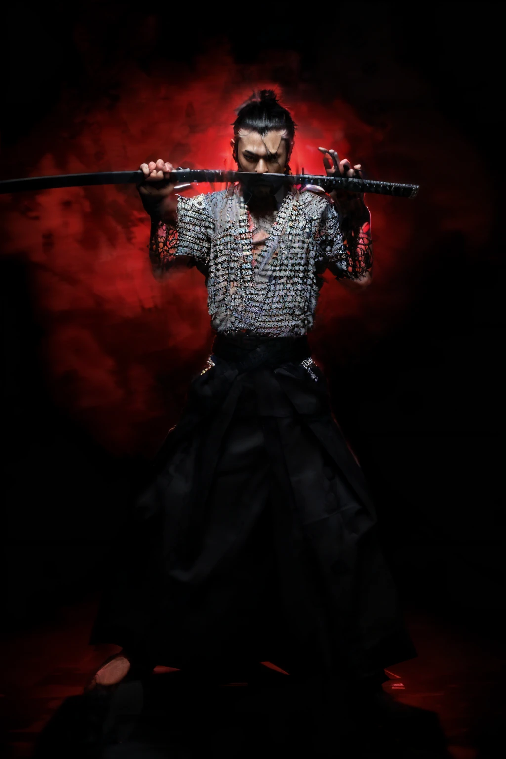 Samurai male, hyperrealism, very detailed skin, 4k, inkpunk style, great lighting, cyberpunk style,, katana illustration, concept art, full body shot, cinematic, promotional art, dramatic lighting