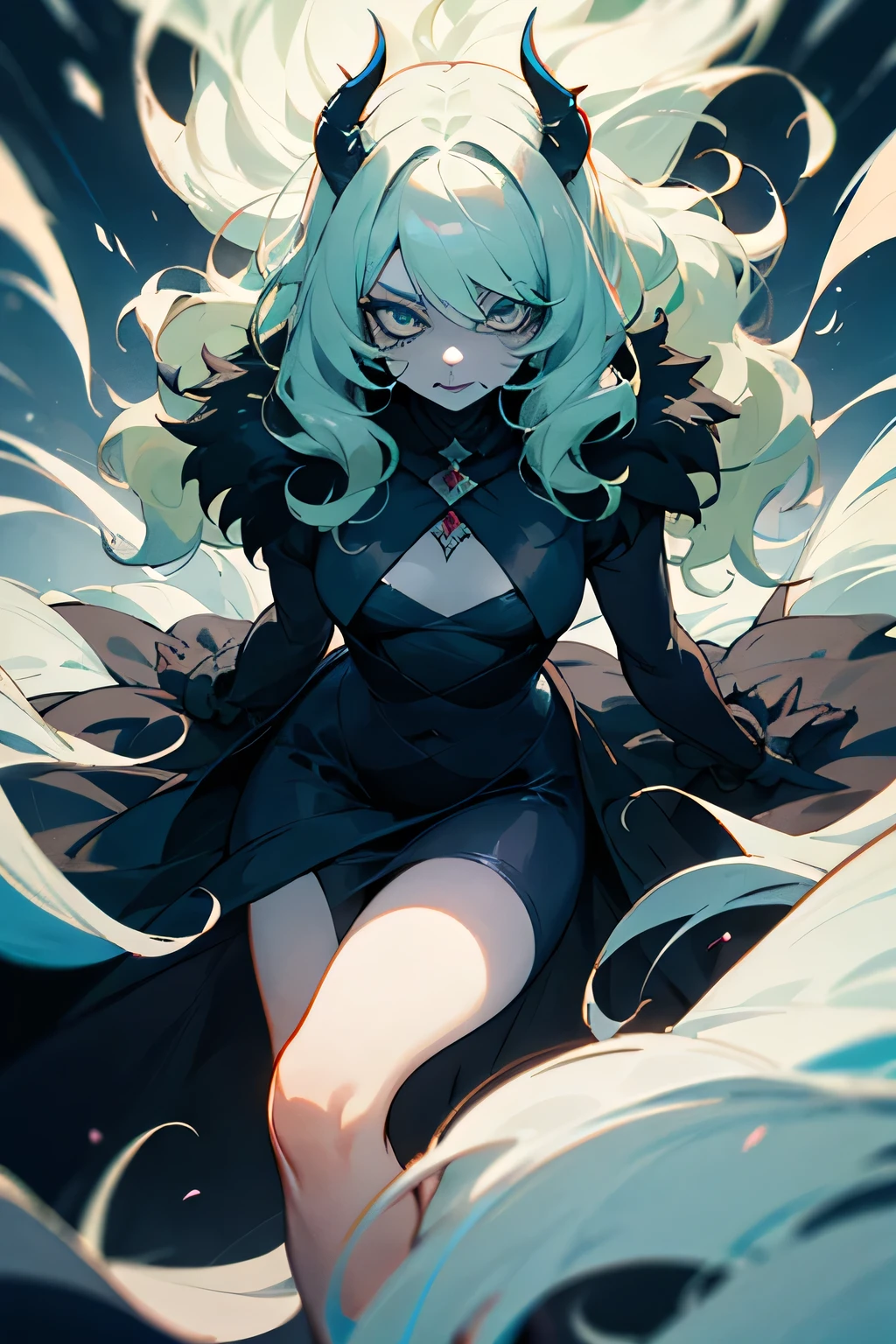 ice girl with light green hair that is wavy and beautiful make her more luxurious more luxurious make her cynical and scary more scary make her eyes look like the devil and her clothes are more modest more scary