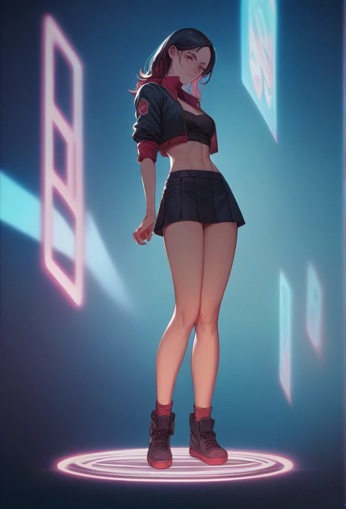 girl in a short skirt, one, волосы Twin-Tail, hair color red black, 3D wallpaper in high quality, neon space in the background.