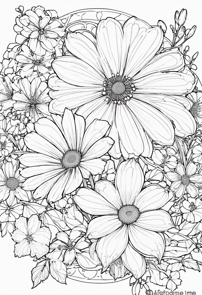 white and black Flowers with a white background, ploynesian, garden, art for coloring book page, full white background, only use outline, line art, clean line art, mandala for coloring with nature ornaments, simple and clean line art, adorned in Art Nouveau style, with a stroke of Alfons Mucha's brush, perfect details, real