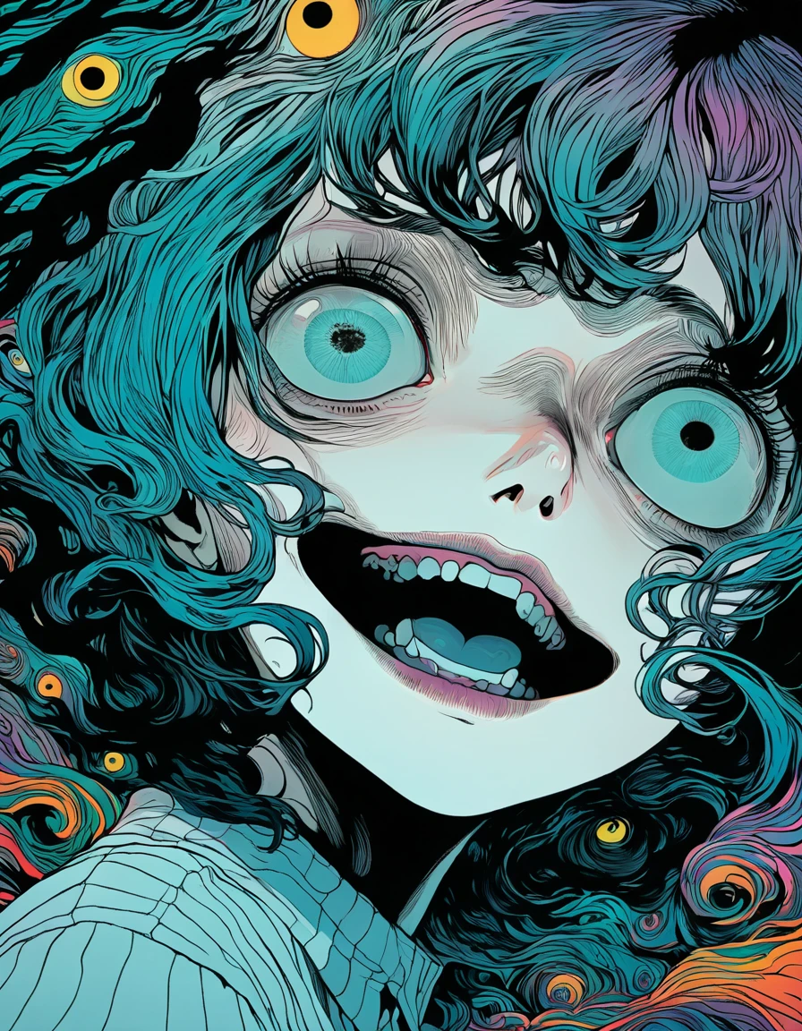 illust、art、directed by Junji Ito、Overaction、Overreaction、Acting frightened、high detail, realsitic shadow、Analog style, chromatic aberration, surrealism