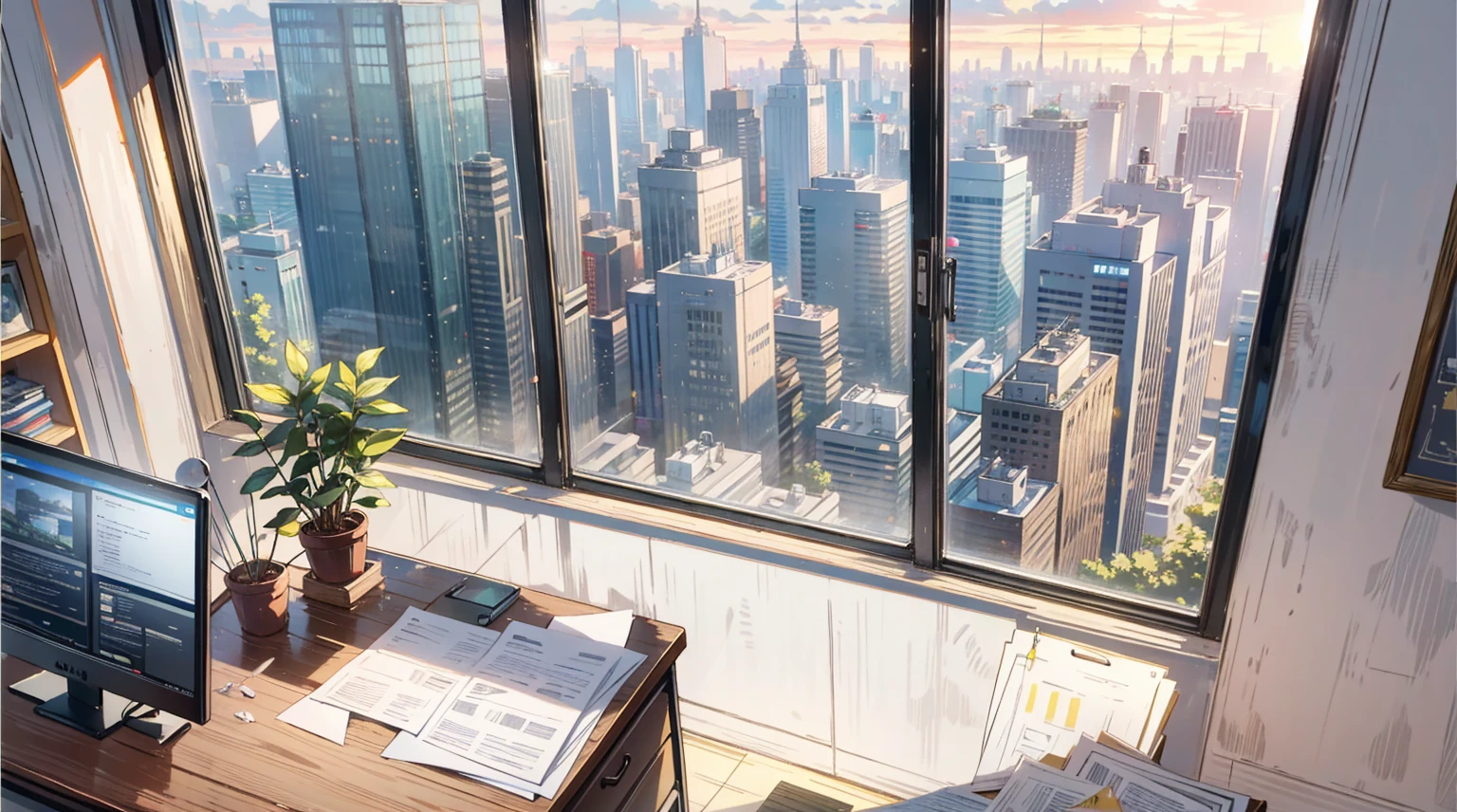 （best quality，masterpiece：1.2，detailed details，4k）， office, president's office, floor-to-ceiling windows, potted plants, computers and documents on the desk, top-down view scene,
