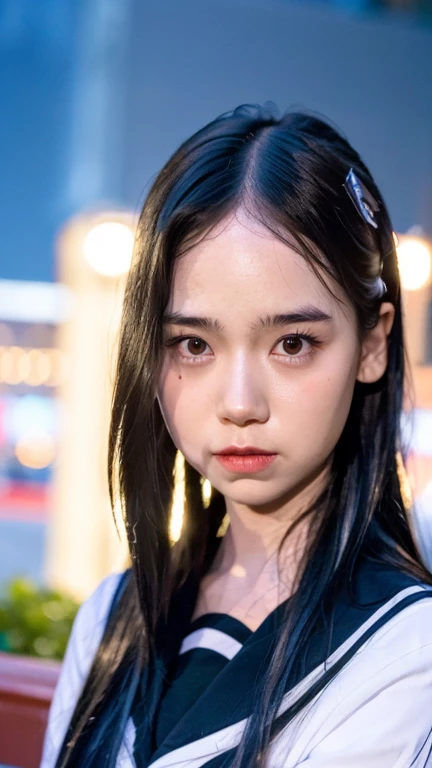 best quality, ultra high res, (photorealistic:1.4), 1girl, the girl wearing black sailor uniform, night, city scape background, city light, cinematic lighting, 80s filter, zoom to face, detailed face , looking at viewer, front view