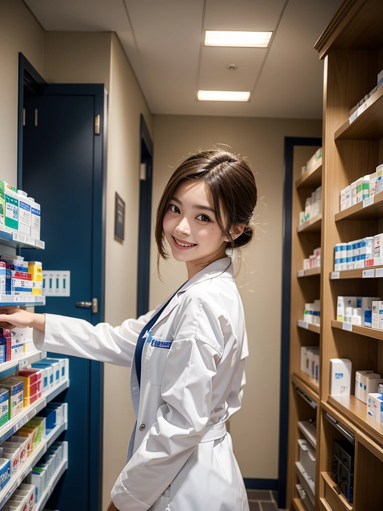 (Highest quality), (masterpiece), pharmacist, Dispensing, look back, Dispensing Room, smile,