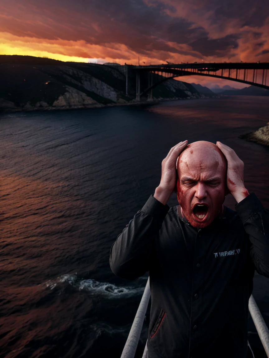 (8K, photo, ultra realistic photo), 1 man, bald, dressed all in black, (both hands covering ears:1.5), (screaming:1.5), (eyes opened: 1.5), terrified, on a bridge over the sea, in-depth view of the bridge, (under a blood-red sky:1.5). background: two shadows in the distance, staggering against the railing of a bridge, bridge overlooking the sea roiling as if in spasm, dark blue mountains contrasting with the fiery red sky