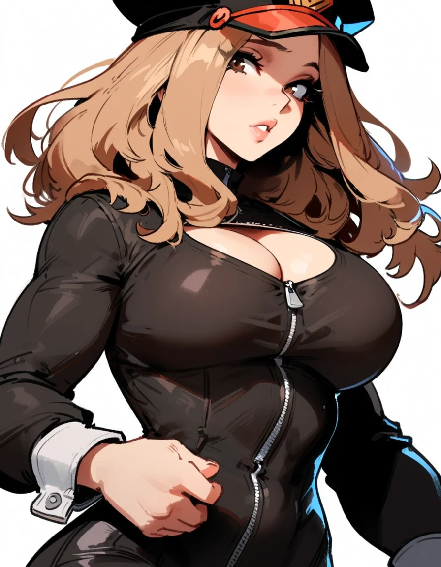 1girl, utsushimi kemii, boku no hero academia \\\\\ masterpiece, best quality, very aesthetic, absurdres, newest \\\\\\ slim body,///// ,by nyantcha,cutesexyrobutts , by khyle,,////// beautiful face, light brown hair ,plump and glossy lips, . , looking at viewer, close-up, dark brown eyes,, cap, black catsuit with a zipper running down the middle, left slightly down to reveal her cleavage. She wears white cuffs around her wrists,,standing, white background, concept art