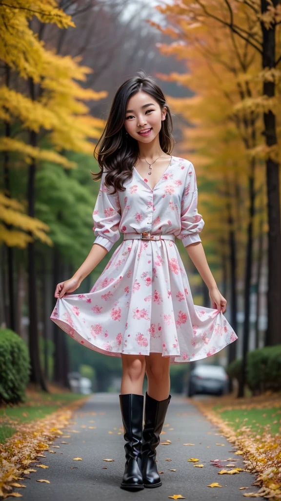 Stand in front of the photo.、(Masterpiece), 1 girl in,whole body,a short shake,long boots,Open mouth and big smile.、pose kawaii、Flowing iridescent silk、Above the face、Eye up、Colorcon with heart print.、Flower dress、There are flowers even in front of you、flower petals、Fallen leaves and dragonflies、(autumn season)