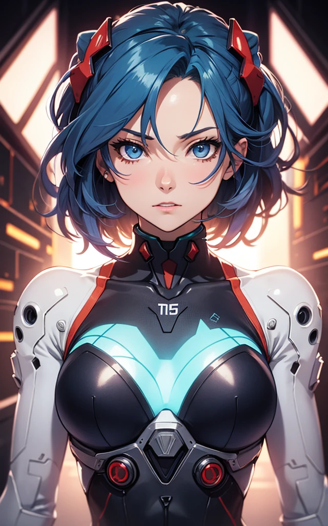 (((Adult Woman))), ((Best Quality)), ((masutepiece)), (Detailed: 1.4), (Absurd), Genesis evangelion neon style clothing, bobhair, cybernetic hands, pastel, Centered, scale to fit the dimensions, Ray tracing,Hyper-Resolution, Anisotropy Filtering, Multilayer textures, accurate simulation of light and material interactions, Perfect proportions, Wide aperture, Crysisnanosuit,Blue hair, Blue eyes