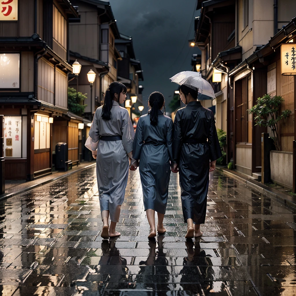 An anime illustration capturing a serene, rainy morning in Tokyo, Japan. The scene features softly falling raindrops against a backdrop of traditional Japanese architecture and modern skyscrapers. The colors are muted yet vibrant, with shades of gray and blue dominating the sky, contrasted by the warm glow of streetlights and paper lanterns lining the streets. Cherry blossom trees in the foreground are adorned with glistening raindrops, their delicate petals gently swaying in the breeze. Silhouettes of people in traditional yukata and modern attire, carrying umbrellas, stroll peacefully along wet cobblestone paths. The overall ambiance evokes a sense of calmness, tranquility, and the timeless beauty of a rainy morning in Tokyo.
