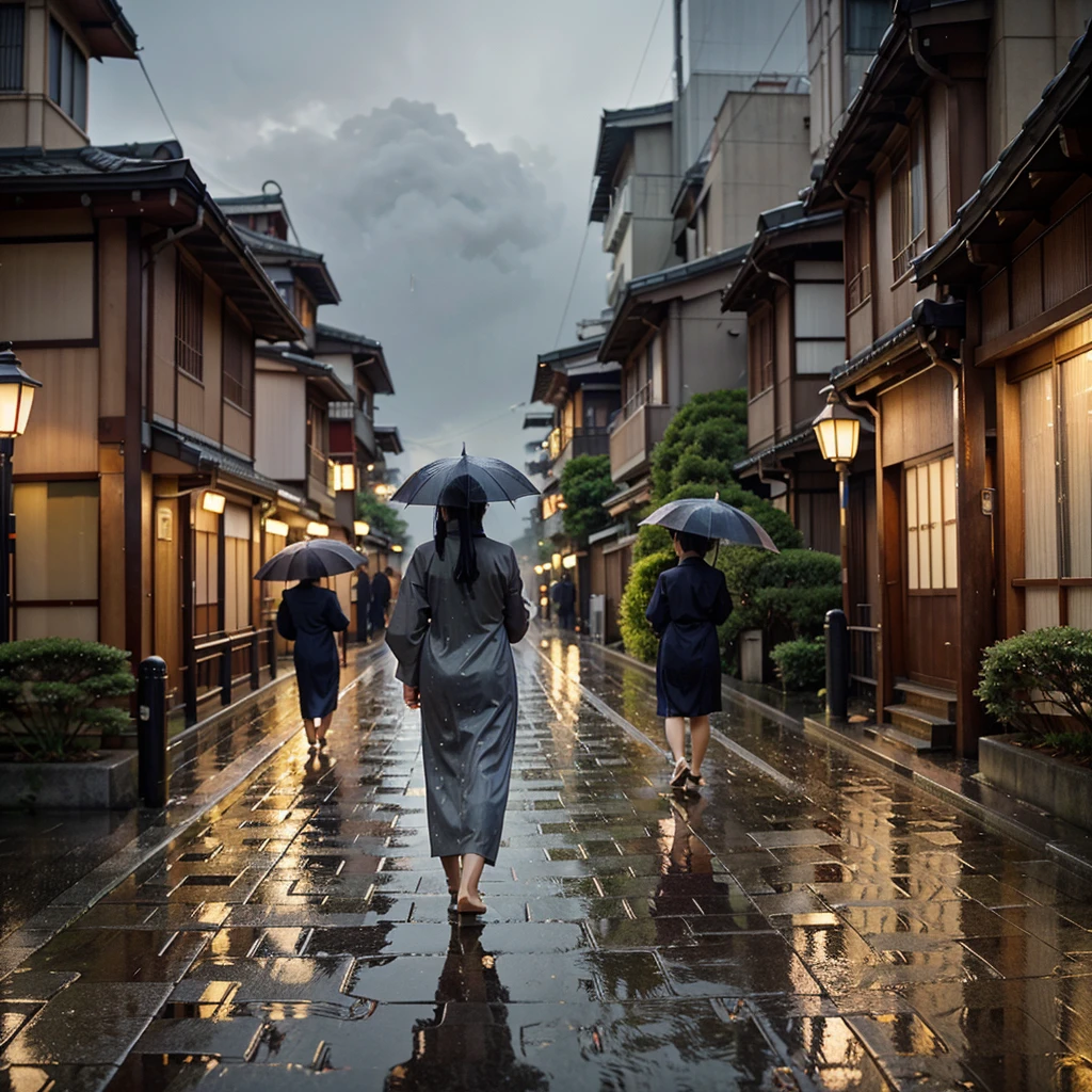 An anime illustration capturing a serene, rainy morning in Tokyo, Japan. The scene features softly falling raindrops against a backdrop of traditional Japanese architecture and modern skyscrapers. The colors are muted yet vibrant, with shades of gray and blue dominating the sky, contrasted by the warm glow of streetlights and paper lanterns lining the streets. Cherry blossom trees in the foreground are adorned with glistening raindrops, their delicate petals gently swaying in the breeze. Silhouettes of people in traditional yukata and modern attire, carrying umbrellas, stroll peacefully along wet cobblestone paths. The overall ambiance evokes a sense of calmness, tranquility, and the timeless beauty of a rainy morning in Tokyo.