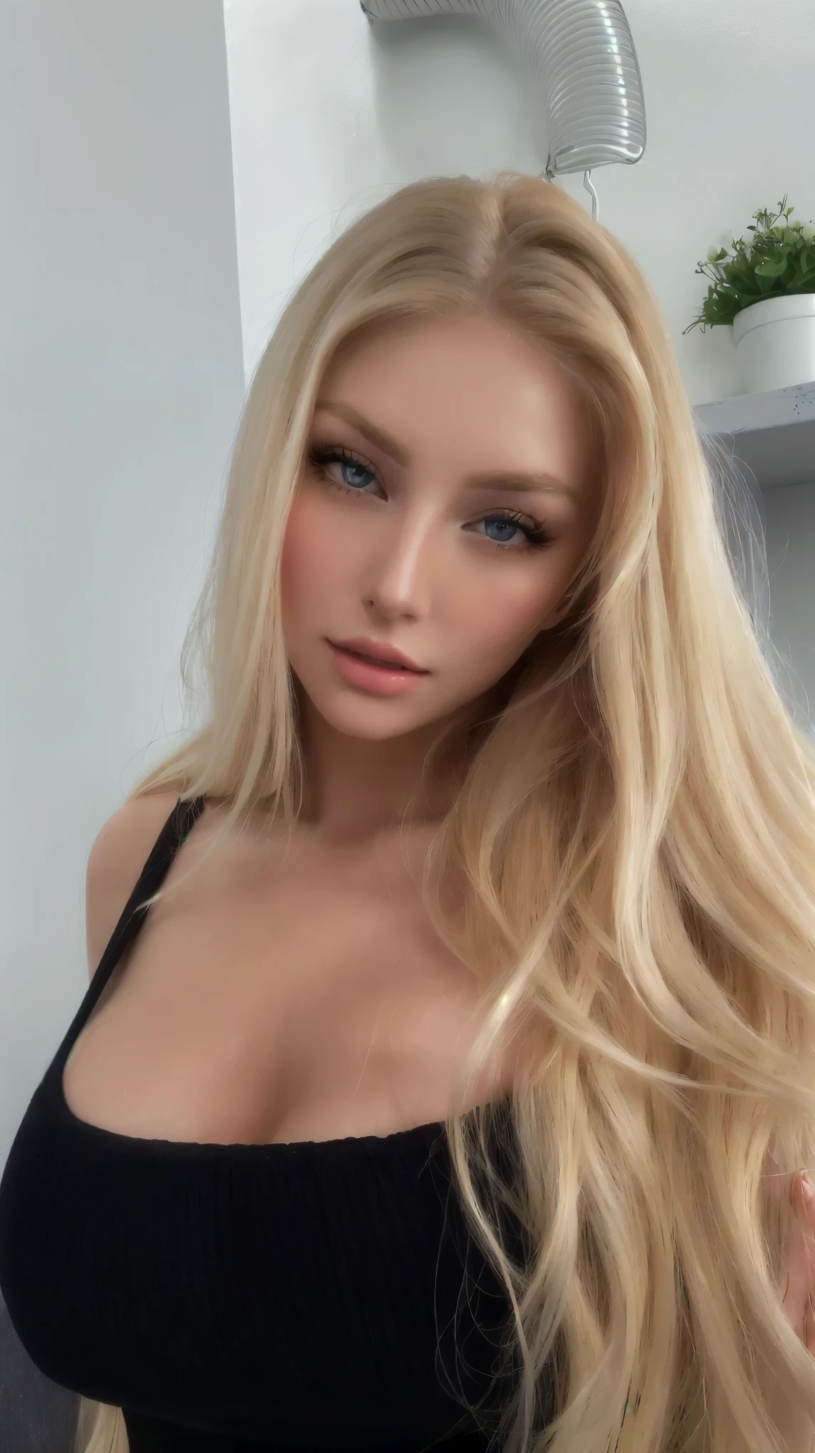 a close-up of a woman with long blonde hair posing for a photo, a gorgeous blonde, blonde goddess, long blonde hair and large eyes, jaw dropping beauty, beautiful blonde girl, jaw dropping beauty, longos blonde hair and large eyes, angelawhite, 18 years old, blonde hair and large eyes, blonde and attractive features, blonde girl