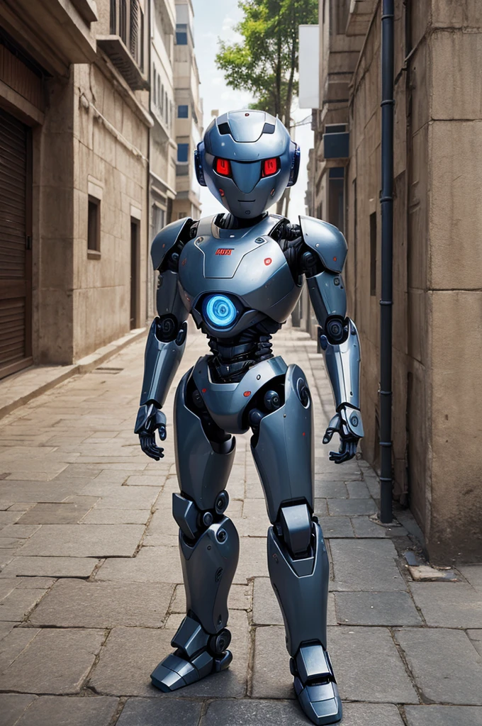 Genrate an robot picture with transperent bground and robot was look like some humnoeid and present in centre canvas of picture and holding two apps icon in hand