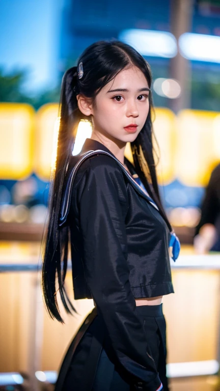 best quality, ultra high res, (photorealistic:1.4), 1girl, the girl wearing black sailor uniform, night, city scape background, city light, cinematic lighting, 80s filter, zoom to face, detailed face , looking at viewer, front view