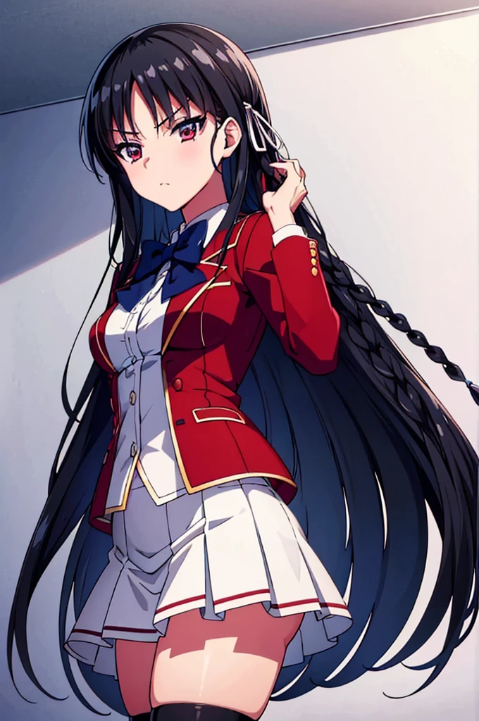 (masterpiece), (ultra detailed), (best illustration), super fine illustration, (official art:1.2), (anime screencap:1.2), detailed beautiful face and eyes, anime keyvisual, perfect anatomy, 8k portrait,
1girl,
Suzune Horikita,
Suzune Horikita \(youjitsu\),
long hair, braid,
black hair,
(red eyes, slant eyes, small eyes),
blue bow,
medium breasts,
buttoned jacket, red jacket, white skirt, pleated skirt, black thigh-high socks,
looking at viewer,
cowboy shot,
perfect light, background of indoors,