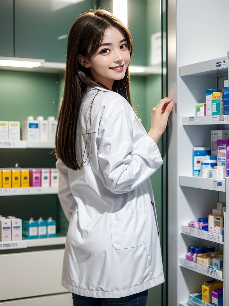 (Highest quality), (masterpiece), 1girl, pharmacist, Dispensing, look back, Dispensing Room, smile,