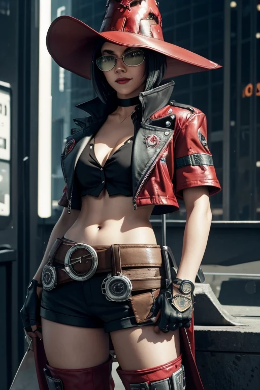 striveIno, hat, choker, tinted eyewear, red jacket, short sleeves, black shirt, midriff, belt, fingerless gloves, thigh boots, photo realistic, cyberpunk, cyberpunk themes