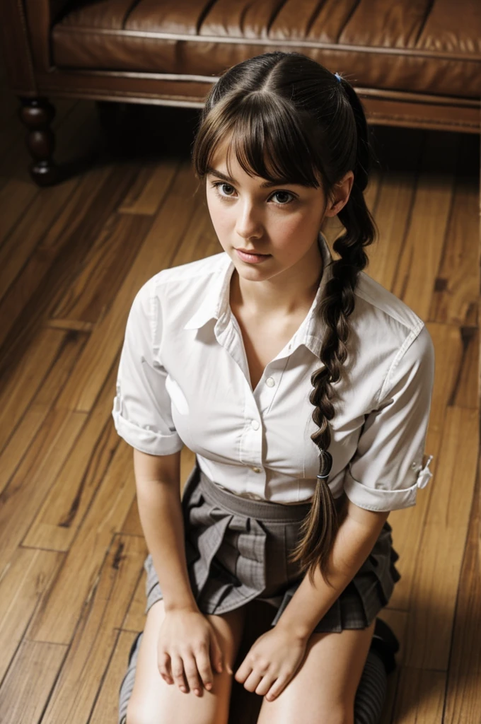 Brown haired woman, green eyes, sitting in the cafeteria, white t-shirt, braid, macro photo, super detail, high quality, best quality, highres, 4k