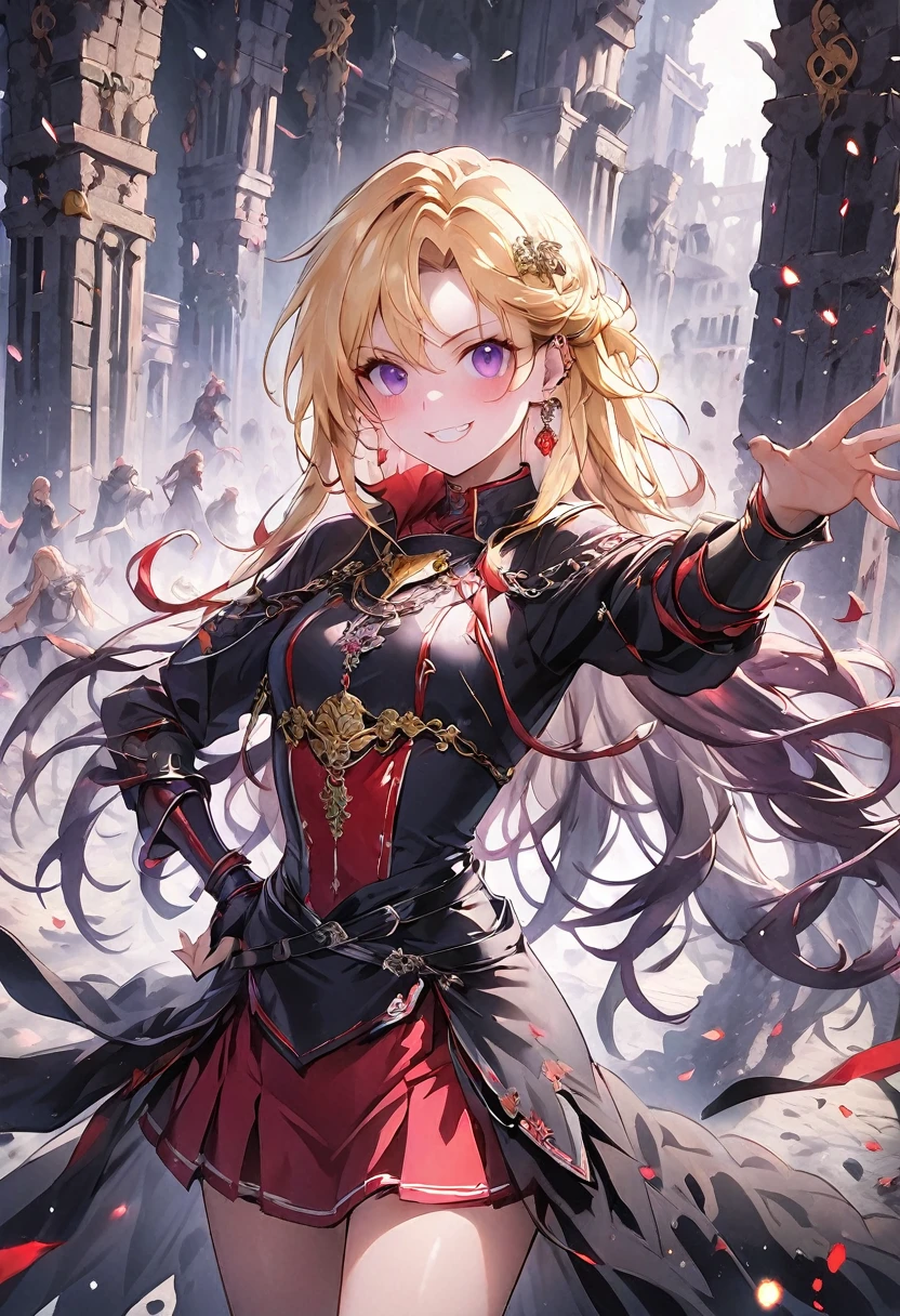 (8K、Raw photography、High sensitivity、top-quality、​masterpiece、超A high resolution、Photorealsitic:1.25)、Overflowing breasts、teats、Cityscape、profetional lighting、photon maping、Radio City、Yorbrier、1girl in、Back lighting、bare shoulders​、Black Dress、Black Gloves、Black Long Hair、large full breasts、Keep your mouth shut、cowboy  shot、Leather Dresses、耳环、deadpan、Fingerless gloves、Floating hair、with floral pattern、florals、gloves、Gold Earrings、Gold Hair Band、 flower in hair、hair adornments、shairband、ngel、arma、jewely、large full breasts、light particules、length hair、Look at viewers、Off shoulder dress、off shoulders、flower petals、red eyes、roses、Rose petals、Rose print、short hair with long locks、side locks、独奏、spikes、thighs thighs thighs thighs、two-sided dress、two-sided fabric、arma、massive hips、