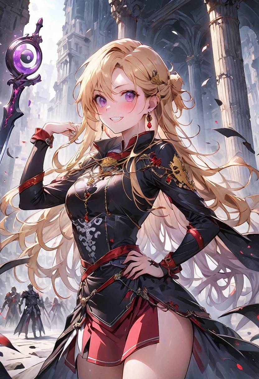 dark persona, Feeling dark energy, ecstasy, looking at viewer, armor, hand on own hip, happy, blush, evil grin, black leg armor, knight, long hair, octagonal yin yang mirror, purple eyes, audience, pillars of purple fire, 1 woman, black cape, runes, black dress, Ruined city, gold decoration, gripping sword in hand, at midnight, gold hair, earring, chains, yin yang, red skirt, beautiful art, depth of field, high res, perfect face, detailed outfit