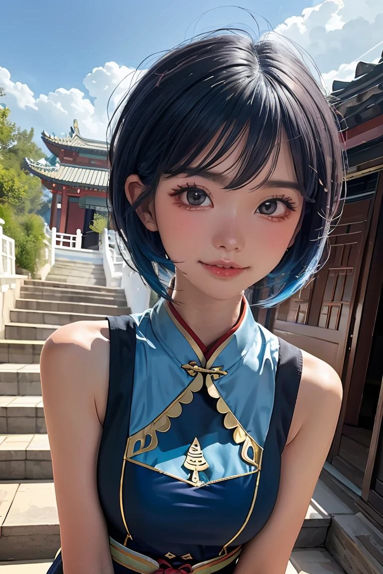 ganyudef, upper body, smile, blush, outdoors, day, simple background, blue sky, short blue hair, sky, chinese traditional house, looking at viewer, stairs, liyue, moody lighting,