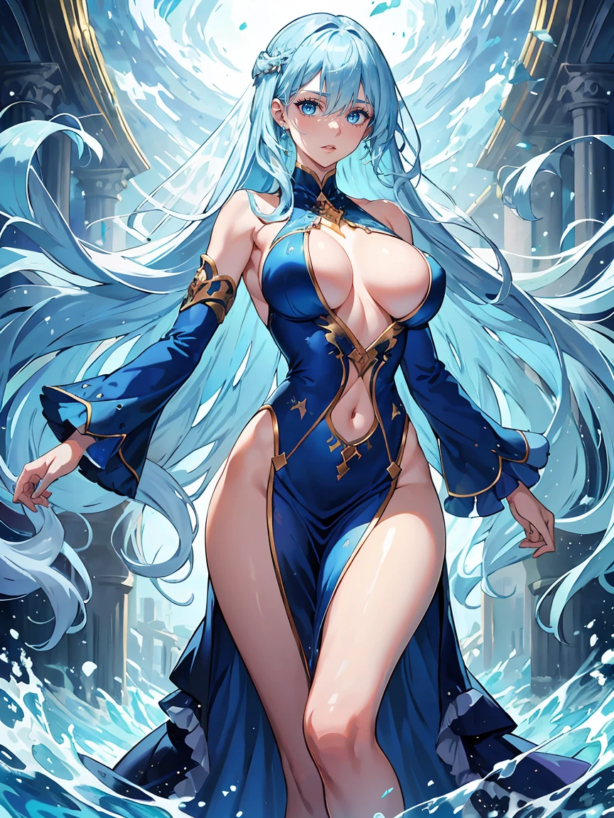 handsome girl,blue-eyes,blue pupils,Long blue hair,Hyperresolution,accuracy,Detailed rendering,(Subtle facial image)(Image of fine hair)(topquality)(Masterpieces of masters)(High degree of completeness)(A sense of atmosphere)tmasterpiece,Super detailed and super detailed(half-body portrait), long wavy blue hair, merfolk, (((larger ))), in water, long sexy dr, (((water outfit)))(((BIGGER BREASTS)))