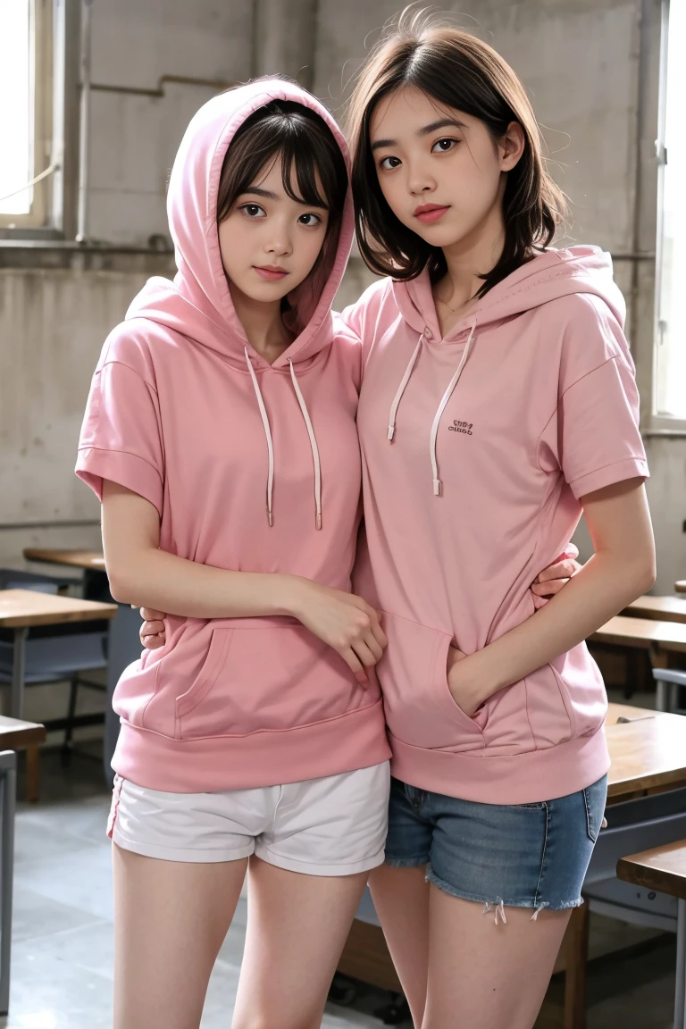 deux femmes ensemble de 18 ans sexy et mince , pink short sleeve hoodie , jambe visible , se touche,salle de classe,position sensuel