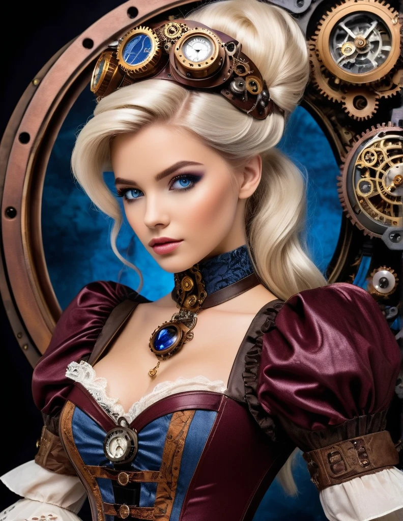 very attractive 25 year old girl with long platinum blonde hair, (((Ultra detailed, beautiful face, Megapixel))) Craft a visually striking photo realistic image of a steampunk futuristic Disney princess named Belle. Belle possesses (intense sapphire blue) eyes that exude intelligence and curiosity. Her hair, styled in an intricate updo adorned with mechanical embellishments and gears, boasts a stunning (silver) color that shimmers like polished metal. She wears a steampunk-inspired ensemble, featuring a corseted bodice made of (brown distressed leather) and a multi-layered skirt made of (lace, velvet, and industrial metal mesh) in a palette of (deep burgundy) and (bronze). Intricate clockwork motifs are intricately woven into the fabric, paying homage to the steampunk aesthetic. Her attire is accented with ornate brooches, cameo pendants, and pocket watch accessories. Against a blank black background, Belle's steampunk features take center stage, transporting the viewer into a world of Victorian elegance fused with futuristic innovation. With your camera, a high-resolution mirrorless camera paired with a prime lens, you will capture Belle's steampunk allure and the fusion of classic and futuristic elements in her attire.